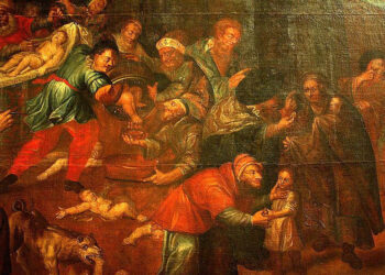 Obraz przedstawiający rzekomy mord rytualny z katedry w Sandomierzu autorstwa Karola de Prevot / Wikimedia Commons - Karol (Charles) de Prevot