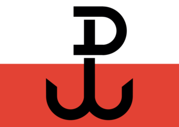 Flaga Armii Krajowej; symbol na fladze jest złożeniem liter "P" i "W", będących skrótem od "Polska Walcząca" (zob. Znak Polski Walczącej). / Bastianow (Bastian) / Wikipedia
