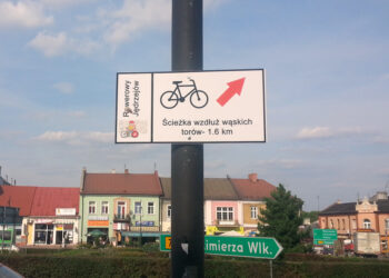 Oznakowanie ścieżki rowerowej prowadzącej wzdłuż torów kolejka wąskotorowej w Jędrzejowie / Ewa Pociejowska-Gawęda / Radio Kielce