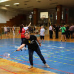 25.10.2014 Kielce. Badmintonowy II Turniej Pamięci Adama Gołąba. Pojedynek dziennikarzy Radia Kielce Jakub Rożek - Maciej Makuła / Wojciech Habdas / Radio Kielce