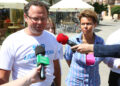 7.7.2015 Kielce. Konferencja SLD na pl. Artystów. na zdjęciu Andrzej Szejna, Joanna Grzela, Paweł Ramiączek / Wojciech Habdas / Radio Kielce