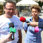 7.7.2015 Kielce. Konferencja SLD na pl. Artystów. na zdjęciu Andrzej Szejna, Joanna Grzela, Paweł Ramiączek / Wojciech Habdas / Radio Kielce