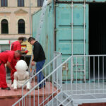 2.9.2015 Kielce. Na pl. Artystów powstaje instalacja Home sweet home autorstwa Sylwestra Ambroziaka. Artysta osobiście steruje pracami. / Wojciech Habdas / Radio Kielce