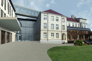 Wizualizacja planowanej rozbudowy i remontu Szpitala „Górka” w Busku-Zdroju - budynek szpitala, widok od strony południowo-zachodniej / APA Sałasińscy