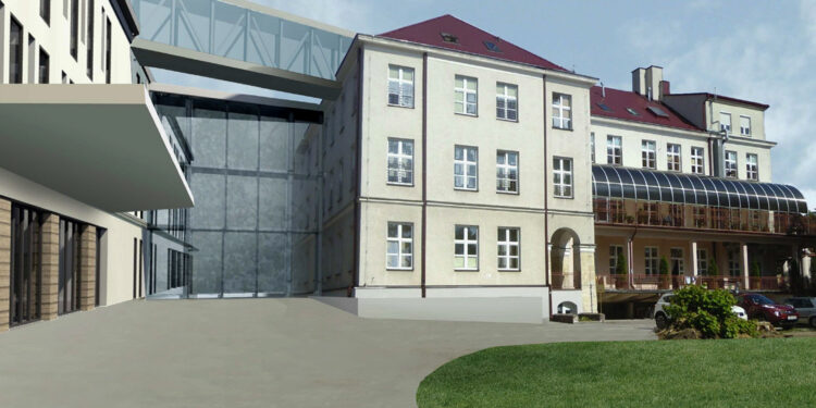 Wizualizacja planowanej rozbudowy i remontu Szpitala „Górka” w Busku-Zdroju - budynek szpitala, widok od strony południowo-zachodniej / APA Sałasińscy