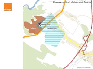 Mapa obszarów poszukiwań lokalizacji stacji Tokarnia / Orange