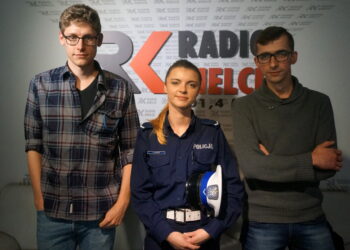 Mateusz Kaczmarczyk, Ewelina Fortuna z Wydziału Drogowego Komendy Wojewódzkiej Policji w Kielcach, Michał Kita / Kamil Król / Radio Kielce