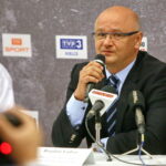 Konferencja prasowa dotycząca Mistrzostw Europy Eko Kyokushin / Shinkyokushin Kadetów U16 i Młodzieżowców U22 Kielce. Na zdjęciu : Bogdan Lubos - Wice Prezes Polskiej Federacji Karate Shinkyokushinkai, Koen Scharrenberg - Prezydent Europejskiej Organizacji Karate,  Lorena Klusek - tłumacz / Marzena Mąkosa / Radio Kielce