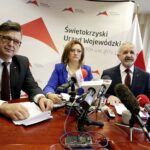 Konferencja prasowa dotycząca sytuacji nauczycieli po reformie. Na zdjęciu: Tomasz Pleban - Świętokrzyski Wicekurator Oświaty, Agata Wojtyszek - wojewoda świętokrzyski, Kazimierz Mądzik - Świętokrzyski Kurator Oświaty / Jarosław Kubalski / Radio Kielce