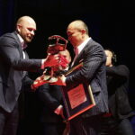 02.02.2018 Kielce. Targi Kielce. Finałowa gala 66. Plebiscytu Świętokrzyskie Gwiazdy Sportu 2017. Mariusz Jurasik i trener PGE Vive Tałant Dujszebajew / Jarosław Kubalski / Radio Kielce