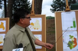 Starachowice. Konferencja ws. ataku kornika ostrozębnego. Na zdjęciu: doktor Marek Kamola - kierownik Zespołu Ochrony Lasu w Dyrekcji Lasów Państwowych w Radomiu / Anna Głąb / Radio Kielce