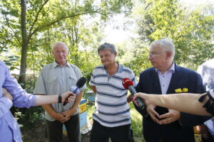 Konferencja prasowa PiS. Na zdjęciu od lewej: Dariusz Katanowski - pszczelarz, Wiesław Sochacz - prezes świętokrzyskiego stowarzyszenia pszczelarzy i Krzysztof Lipiec - poseł PiS / Marzena Mąkosa / Radio Kielce