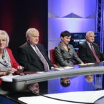 Radio Kielce i TVP3 Kielce. Debata o regionie. Kandydaci do sejmiku województwa świętokrzyskiego. Na zdjęciu (od lewej): Na zdjęciu (od lewej): Jadwiga Szewczyk - komitet wyborczy Kukiz'15, Jerzy Jaskiernia - komitet wyborczy SLD Lewica Razem, Alicja Lisik - komitet wyborczy Partia Razem, Marek Jońca - komitet wyborczy Prawo i Sprawiedliwość / Marzena Mąkosa / Radio Kielce