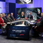 Radio Kielce i TVP3 Kielce. Debata o regionie. Kandydaci do sejmiku województwa świętokrzyskiego. Na zdjęciu (od lewej): Jadwiga Szewczyk - komitet wyborczy Kukiz'15, Jerzy Jaskiernia - komitet wyborczy SLD Lewica Razem, Alicja Lisik - komitet wyborczy Partia Razem, Marek Jońca - komitet wyborczy Prawo i Sprawiedliwość, Beata Oleś - TVP3 Kielce, Paweł Solarz - Radio Kielce, Piotr Żyłka - komitet wyborczy Wolność w samorządzie, Arkadiusz Bąk - komitet wyborczy Polskiego Stronnictwa Ludowego, Paweł Zalewski - komitet wyborczy Koalicji Obywatelskiej / Marzena Mąkosa / Radio Kielce