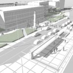 Kielce. Wizualizacje przebudowy dworca PKP, wariant A - przestrzeń reprezentacyjna placu związana bezpośrednio z budynkiem dworca / Urząd Miasta Kielce