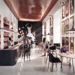 Kielce. Wizualizacja koncepcji architektonicznej Teatru im. Stefana Żeromskiego. Widok strefy wejściowej (kawiarnia). / Pracownią architektoniczna WXCA