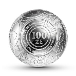 Srebrna moneta w kształcie kuli o nominale 100 złotych / NBP