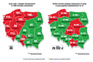 Patrząc na mapę Polski, widać spore różnice między wielkością zadłużenia mieszkańców w poszczególnych obszarach kraju / Radio Kielce