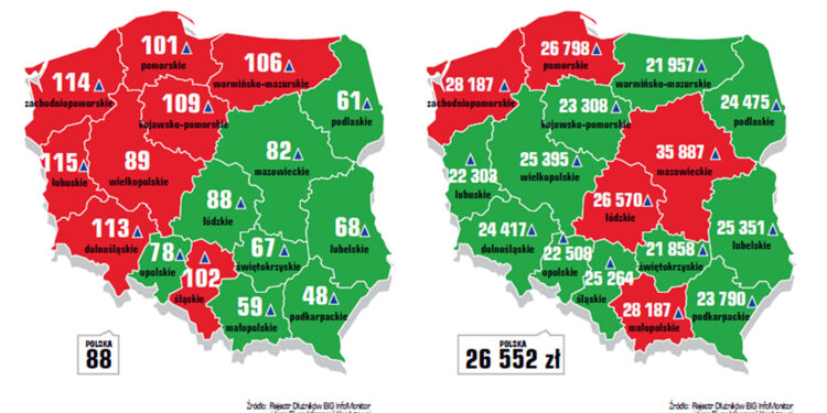 Patrząc na mapę Polski, widać spore różnice między wielkością zadłużenia mieszkańców w poszczególnych obszarach kraju / Radio Kielce