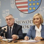 Konferencja w urzędzie marszałkowskim. Na zdjęciu (od lewej): Andrzej Bętkowski, marszałek województwa świętokrzyskiego i Renata Janik, wicemarszałek województwa świętokrzyskiego / Marzena Mąkosa / Radio Kielce
