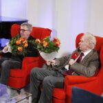 01.03.2019 Radio Kielce.Studio Gram. Aktor Jerzy Radziwiłowicz i pisarz Wiesław Myśliwski spotkali się z czytelnikami i słuchaczami w ramach promocji audiobooka "Ucho Igielne" / Jarosław Kubalski / Radio Kielce