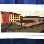 Podpisanie umowy na budowę hali sportowej przy Szkole Podstawowej im. Stefana Żeromskiego w Chmielniku przy ulicy Szkolnej 7. Wizualizacja hali sportowej / Marzena Mąkosa / Radio Kielce