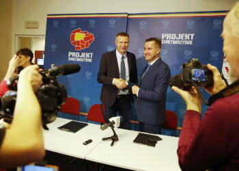 18.07.2018 Kielce. Konferencja prasowa z udziałem Bogdana Wenty. Bogdan Wenta i Kamil Suchański / Jarosław Kubalski / Radio Kielce