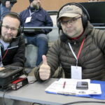 36. kolejka LOTTO Ekstraklasy: Zagłębie Sosnowiec - Korona Kielce. Od lewej: red. Maciej Sierpień - TVP i red. Rafał Szymczyk / Krzysztof Bujnowicz / Radio Kielce