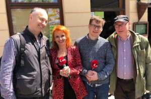 Sandomierz. Festiwal Filmów - Spotkań Niezwykłych. Studio Festiwalowe. Na zdjęciu (od lewej): prof. Wawrzyniec Konarski, Grażyna Szlęzak - Wójcik, Stanisław Blinstrub, Stanisław Zawiśliński / Radio Kielce