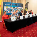 Konferencja prasowa Korony Kielce. Od lewej: Jakub Żubrowski - pomocnik Korony, Mirosław Malinowski - prezes ŚZPN, Piotr Dulnik - prezes Suzuki Motor Poland, Krzysztof Zając - prezes zarządu Korony, Gino Lettieri - trener Korony, Rafał Kielczyk - rzecznik prasowy Korony, Adnan Kovacević - obrońca Korony / Wiktor Taszłow / Radio Kielce