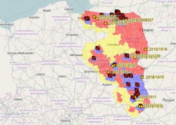 Legenda: kolor żółty – strefa ochronna, kolor czerwony – obszar objęty ograniczeniami, kolor niebieski – obszar zagrożenia / https://bip.wetgiw.gov.pl