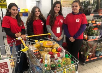 21.09.2019 Sandomierz. Zbiórka żywności - akcja Caritas Diecezji Sandomierskiej. Na zdjęciu wolontariuszki (od lewej): Weronika, Klaudia, Magdalena i Lidia / Grażyna Szlęzak-Wójcik / Radio Kielce