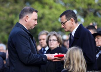 05.10.2019 Warszawa. Pogrzeb Kornela Morawieckiego. Na zdjęciu (od lewej): prezydent Andrzej Duda i premier Mateusz Morawiecki / Krzysztof Sitkowski / KPRP