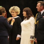 Kielce. 25.10.2019. Święto terenowych organów administracji wojskowej. Na zdjęciu (od lewej): Agata Wojtyszek – wojewoda świętokrzyski, Ewelina Banasińska, Anna Karasińska, bryg. mgr Sławomir Karwat - komendant Miejski Państwowej Straży Pożarnej w Kielcach / Wiktor Taszłow / Radio Kielce