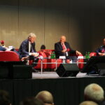 24.10.2019. Kielce. Konferencja „Bezpieczny Stadion”. Na zdjęciu (drugi od lewej): Zbigniew Boniek - prezes PZPN, Jan Tomaszewski - legendarny bramkarz reprezentacji Polski i Jarosław Szymczyk - Komendant Główny Policji / Wiktor Taszłow / Radio Kielce