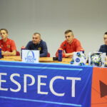 07.10.2019. Kielce. Konferencja Korony Kielce przez meczem z Realem Saragossą. Na zdjęciu od lewej: Bartosz Prętnik, Sławomir Grzesik - trener, Oskar Sewerzyński, Rafał Kielczyk / Wiktor Taszłow / Radio Kielce