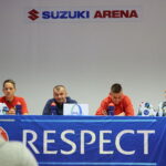 07.10.2019. Kielce. Konferencja Korony Kielce przez meczem z Realem Saragossą. Na zdjęciu od lewej: Bartosz Prętnik, Sławomir Grzesik - trener, Oskar Sewerzyński, Rafał Kielczyk / Wiktor Taszłow / Radio Kielce