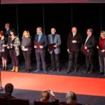 22.11.2019 Kielce. Gala finałowa Festiwalu Form Dokumentalnych NURT. Wręczenie wyróżnień „Przyjaciel NURT-u”. Na zdjęciu (od lewej): Wojciech Purtak, Magdalena Smożewska-Wójcikiewicz, Marzena Michałowska-Kowalik, Renata Pronobis, Grzegorz Kozera, Jerzy Wójcik, Marian Curzydło, Sławomir Golemiec, Ryszard Koziej i Aleksandra Wójcik / Wiktor Taszłow / Radio Kielce