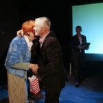 Kielce. 25.11.2019. Wielki jubileusz Andrzeja Cempury. 50 lat na scenie. Na zdjęciu (od lewej): Zyta Trych, Andrzej Cempura - aktor / Wiktor Taszłow / Radio Kielce