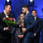 31.01.2020. Kielce. Gala finałowa 68. Plebiscytu Świętokrzyskie Gwiazdy Sportu 2019. Na zdjęciu (od lewej): Sławomir Szmal, Blaż Janc - PGE Vive Kielce / Wiktor Taszłow / Radio Kielce