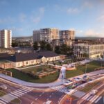 Koncepcja architektoniczno-urbanistyczna zagospodarowania Wzgórza Karscha. Widok od skrzyżowania Ogrodowej i Jana Pawła II z lotu ptaka / DETAN Pracownia Architektoniczna