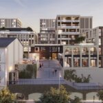 Koncepcja architektoniczno-urbanistyczna zagospodarowania Wzgórza Karscha. Widok znad parku na wejście na teren założenia od ul. Ogrodowej / DETAN Pracownia Architektoniczna