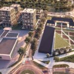 Koncepcja architektoniczno-urbanistyczna zagospodarowania Wzgórza Karscha. Widok na budynek handlowo-usługowy i ogród za dworem / DETAN Pracownia Architektoniczna