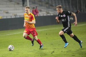 09.03.2020. Kielce. 26. kolejka PKO Ekstraklasy: Korona Kielce - ŁKS Łódź. Na zdjęciu (z lewej): Mateusz Spychała / Wiktor Taszłow / Radio Kielce