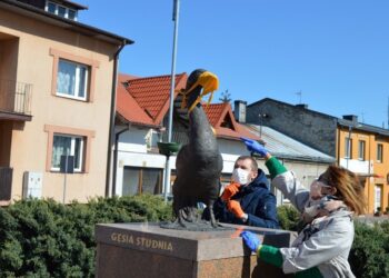 Chmielnik. Gąska z pomnika Gęsia Studnia w Chmielniku otrzymała maseczkę / swietokrzyskisztetl.pl