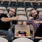 09.06.2020 Lubin. Mecz Zagłębie Lubin - Korona Kielce. Na zdjęciu (od lewej): Rafał Szymczyk - Radio Kielce i Maciej Sierpień - portal Co w Koronie? / Krzysztof Bujnowicz / Radio Kielce