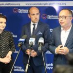 16.06.2020. Kielce. Konferencja w biurze Platformy Obywatelskiej. Na zdjęciu (od lewej): Marzena Okła-Drewnowicz - poseł, Borys Budka - przewodniczący Platformy Obywatelskiej, Artur Gierada - przewodniczący świętokrzyskiej Platformy Obywatelskiej / Wiktor Taszłow / Radio Kielce