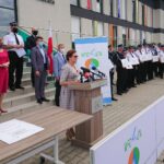 06.07.2020. Kielce. Odebranie promes przez strażaków-ochotników na projekty łączące ochronę środowiska z poprawą energooszczędnością strażnic. Na zdjęciu (od lewej): Krzysztof Słoń - senator PiS, Grzegorz Socha - wiceprezes WFOŚiGW, Anna Krupka - wiceminister sportu, brygadier Grzegorz Rajca  - zastępca Świętokrzyskiego Komendanta Wojewódzkiego Państwowej Straży Pożarnej, Rafał Nowak - wicewojewoda świętokrzyski, Bartłomiej Dorywalski - poseł PiS, Ryszard Gliwiński - prezes WFOŚiGW. Przemawia: Agata Wojtyszek - poseł PiS / Daniel Lenart / Radio Kielce