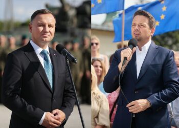 Kandydaci, którzy zmierzą się w drugiej turze wyborów prezydenckich. Na zdjęciu (od lewej): Andrzej Duda i Rafał Trzaskowski / Wiktor Taszłow / Radio Kielce