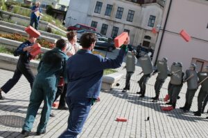 03.09.2020. Kielce. Inscenizacja "Demonstracja uliczna Solidarności" w 40. rocznicę powstania NSZZ Solidarność / Wiktor Taszłow / Radio Kielce